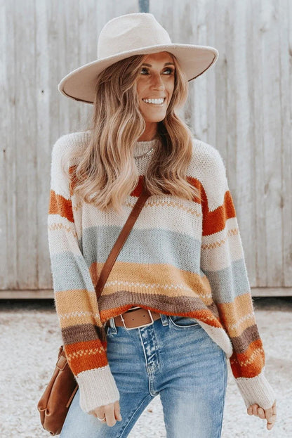 Crew Neck Drop-Shoulder Striped Color Block Sweater Jewelry Bubble