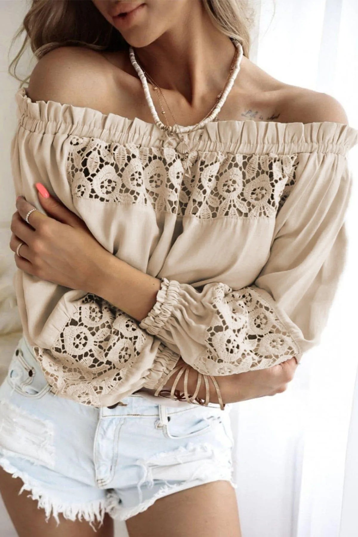 Crochet Hollow-Out Off-Shoulder Blouse Apricot Jewelry Bubble