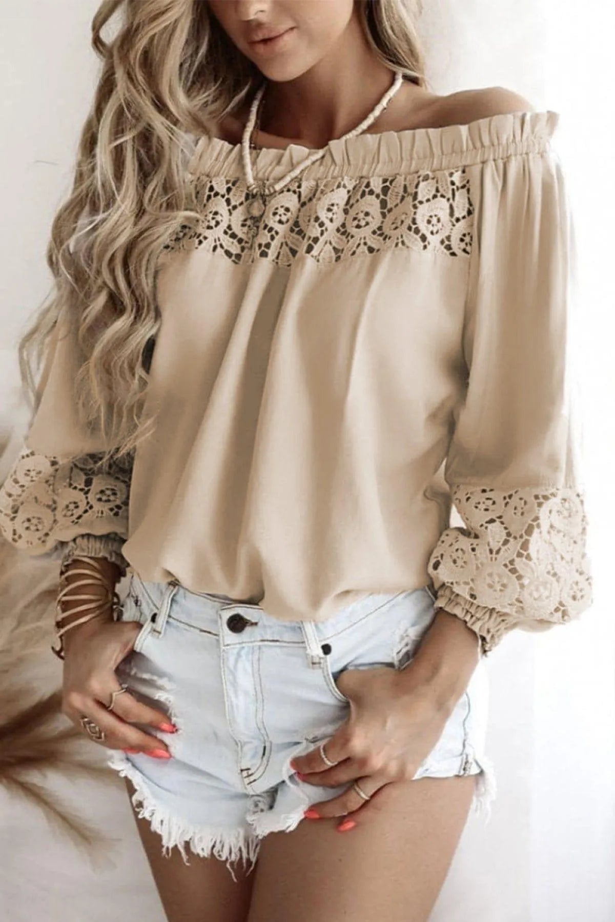 Crochet Hollow-Out Off-Shoulder Blouse Apricot Jewelry Bubble