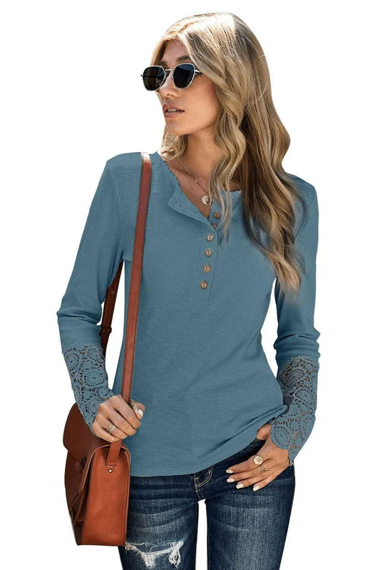 Crochet Lace Hem Sleeve Button Top Gray Jewelry Bubble