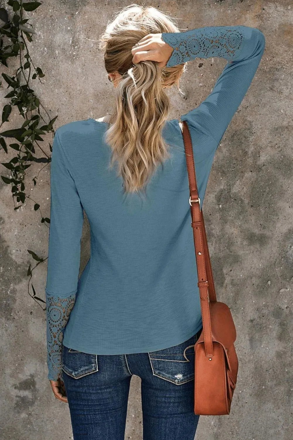 Crochet Lace Hem Sleeve Button Top Gray