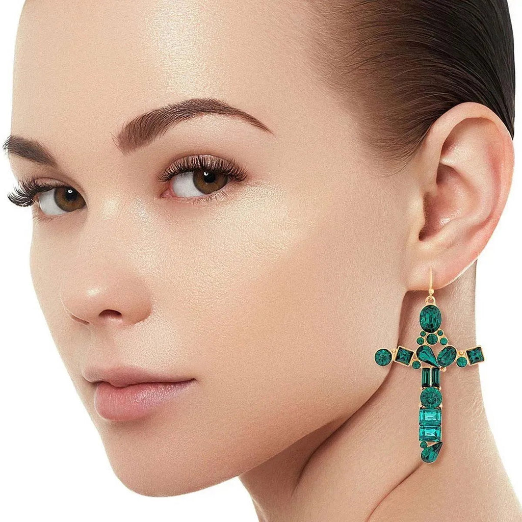 Cross Earrings Gold Plated Green Envy