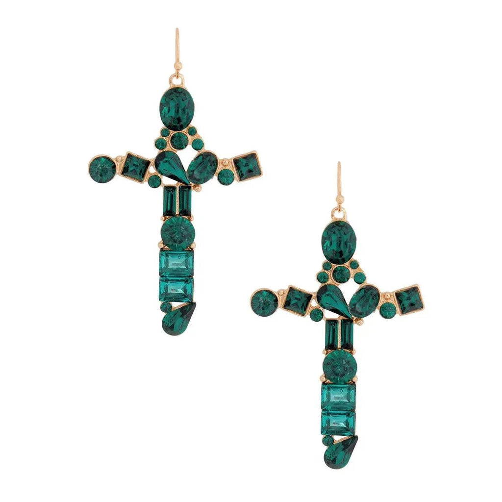 Cross Earrings Gold Plated Green Envy