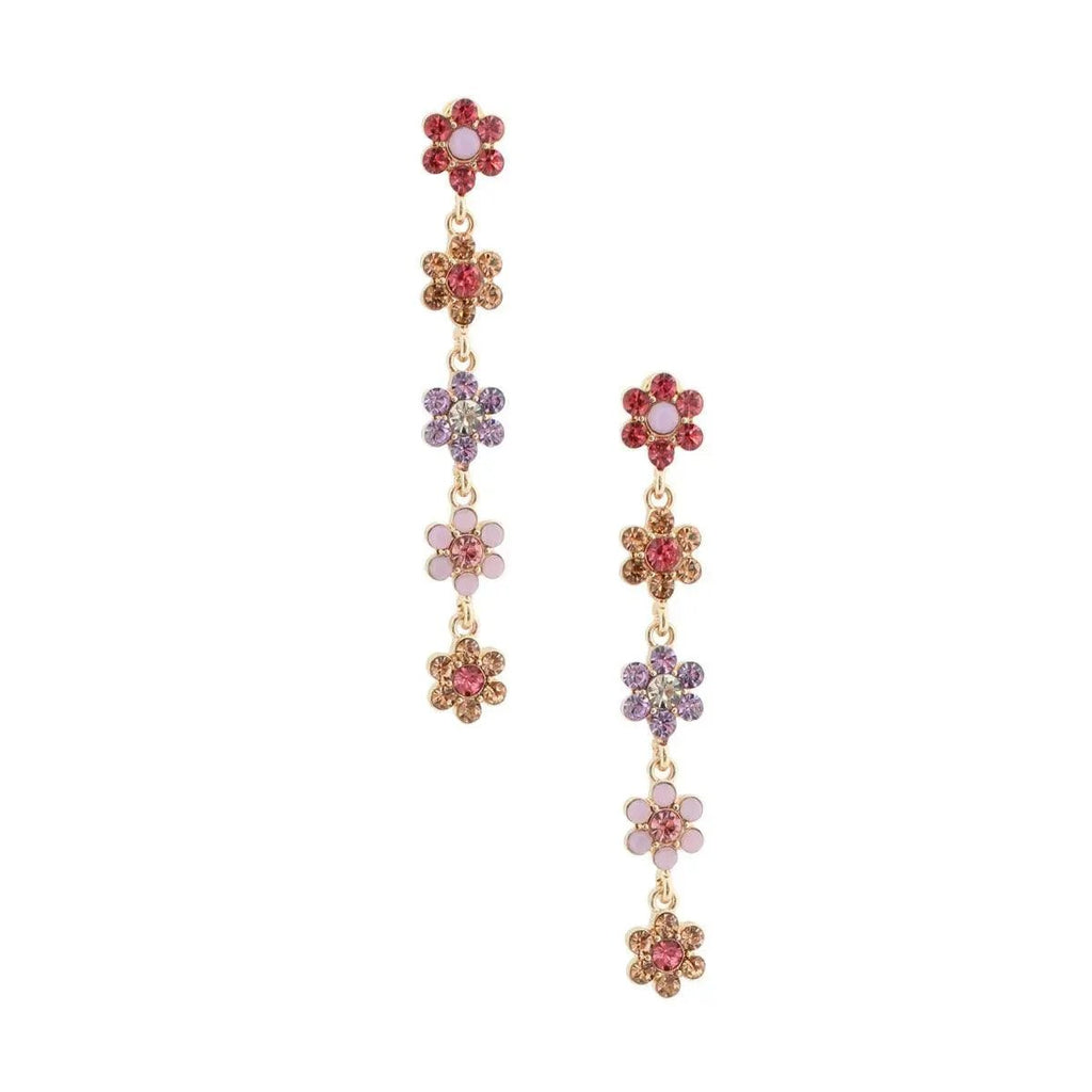 Gold Plated Multicolor Daisy Flower Drop Earrings with Acrylic Rhinestones – Statement Jewelry