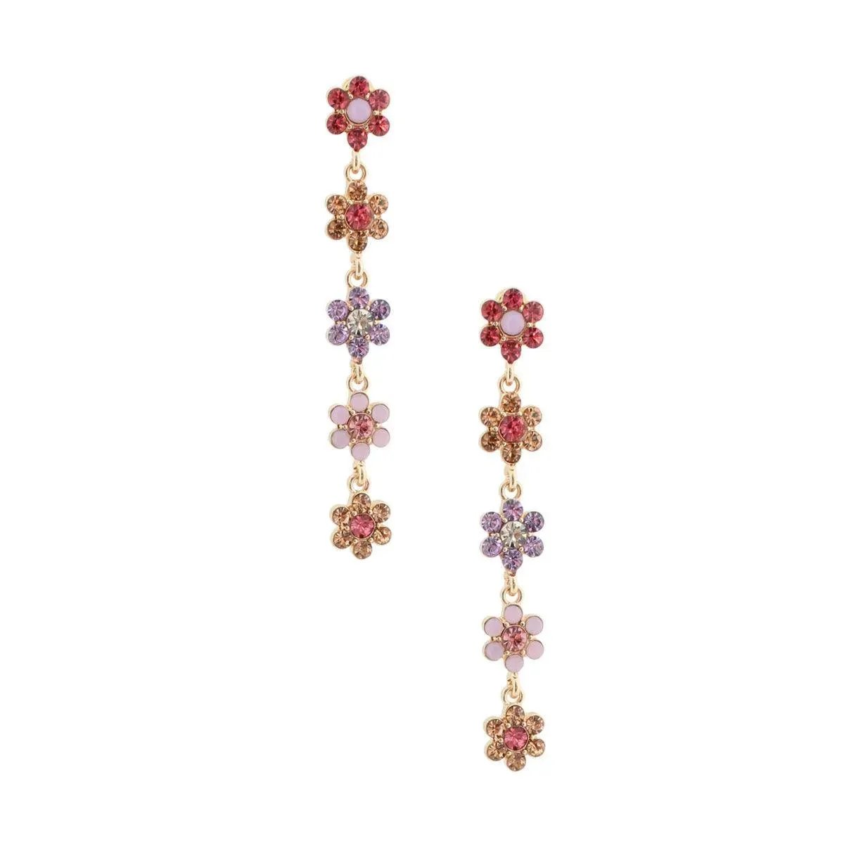 Gold Plated Multicolor Daisy Flower Drop Earrings with Acrylic Rhinestones – Statement Jewelry