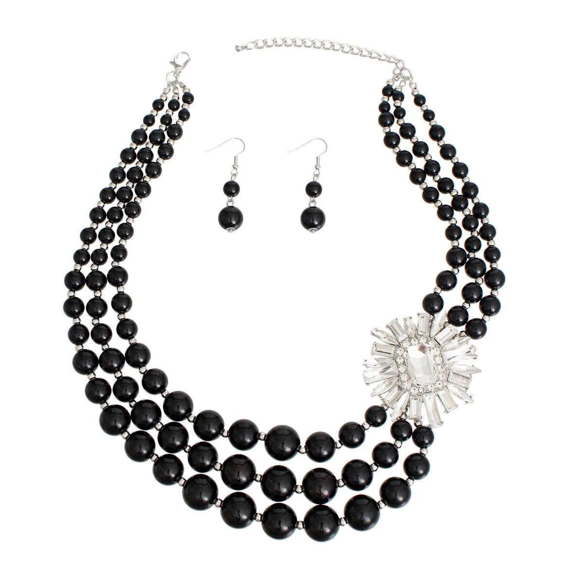 Dazzling 3-Strand Black Pearl Beaded Necklace Earrings Set Jewelry Bubble