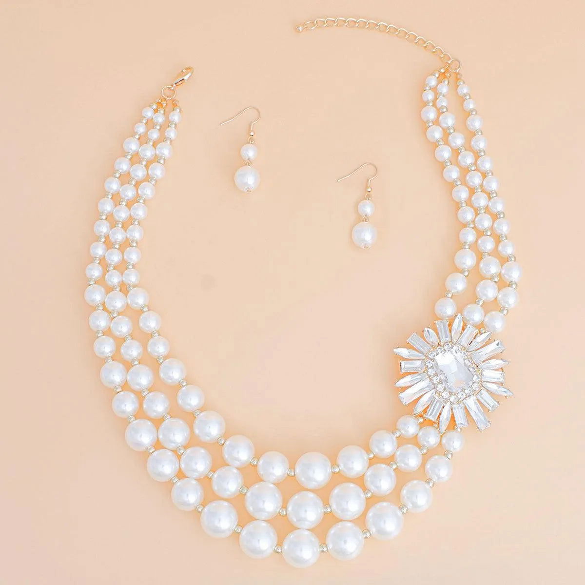 Dazzling 3-Strand Cream Pearl Beaded Necklace Earrings Set Jewelry Bubble