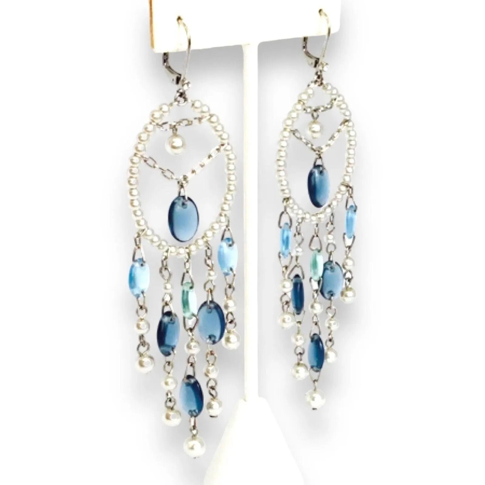 Chandelier Earrings Cool Color Palette with Glass Czech Rhinestone Beads and Simulated Pearls Drop Style