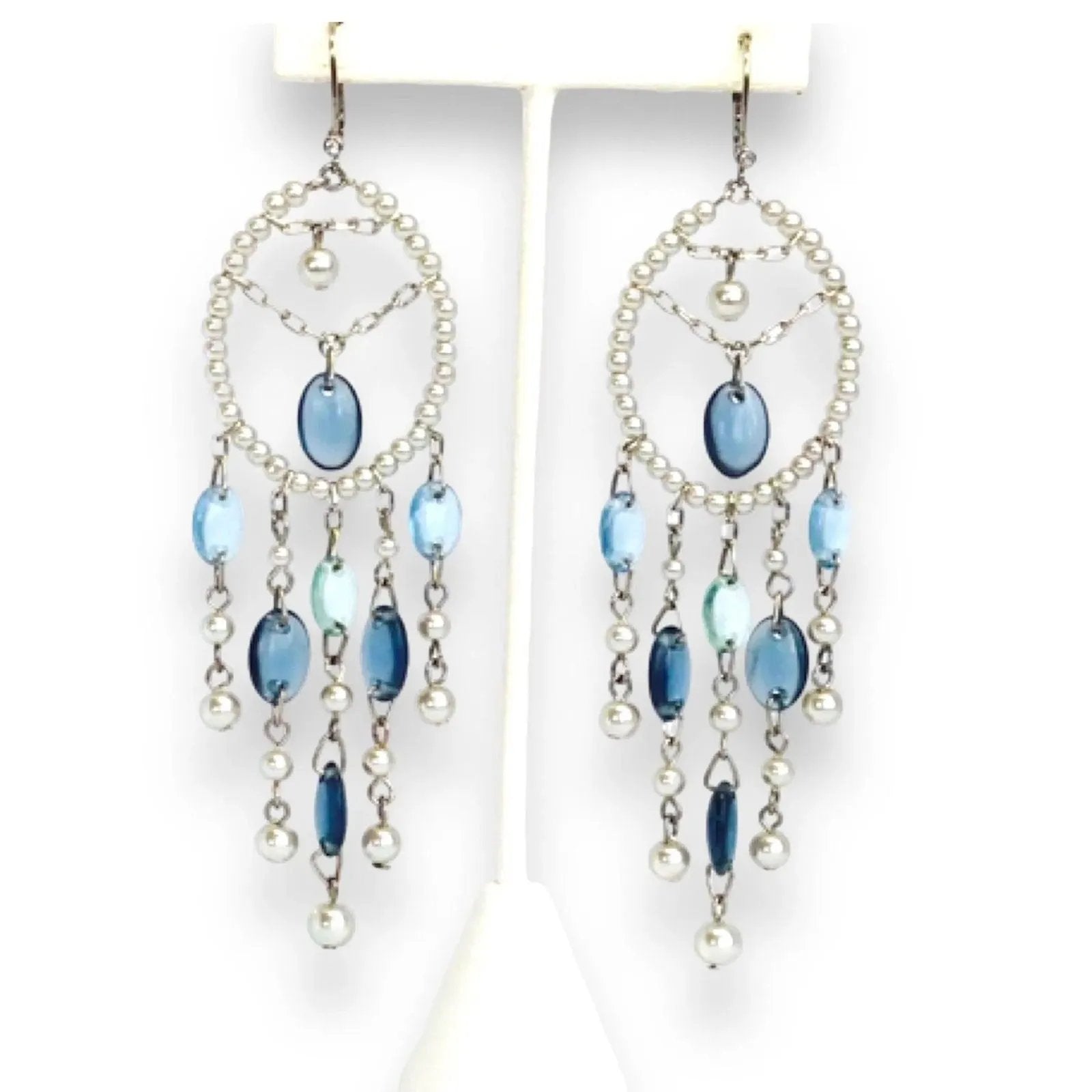 Chandelier Earrings Cool Color Palette with Glass Czech Rhinestone Beads and Simulated Pearls Drop Style