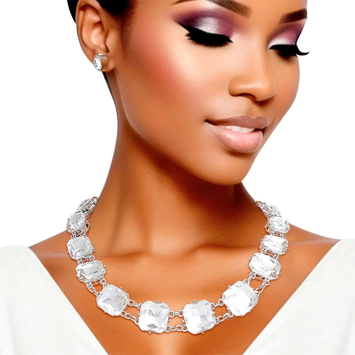 Dazzling Crystal-Adorned Chunky Link Silver Collar Necklace Set Jewelry Bubble