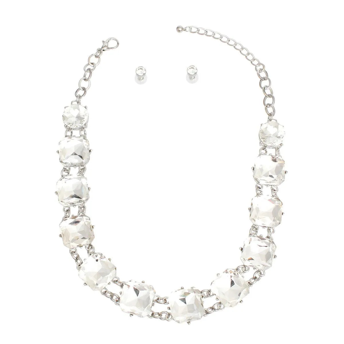 Dazzling Crystal-Adorned Chunky Link Silver Collar Necklace Set Jewelry Bubble