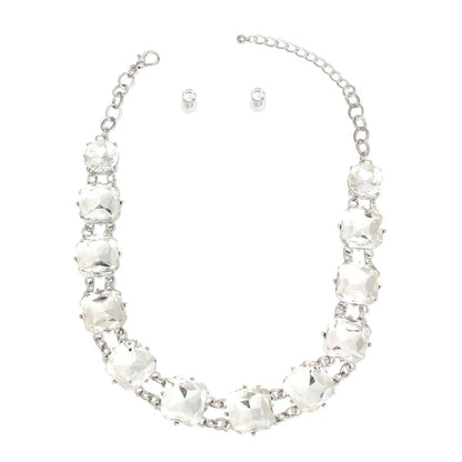 Dazzling Crystal-Adorned Chunky Link Silver Collar Necklace Set Jewelry Bubble