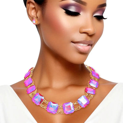 Dazzling Purple Pink Crystal-Adorned Chunky Link Collar Necklace Set Jewelry Bubble