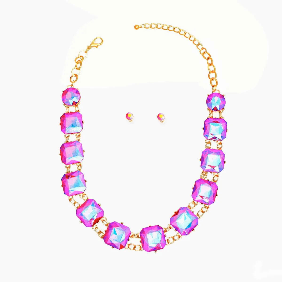 Dazzling Purple Pink Crystal-Adorned Chunky Link Collar Necklace Set Jewelry Bubble