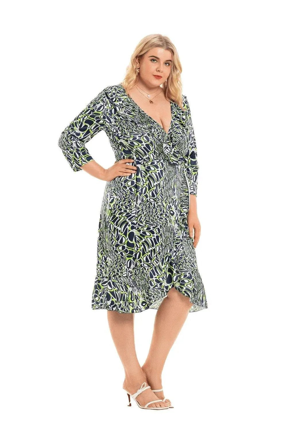 Deep V Asymmetrical Ruffled-Edge Print Dress