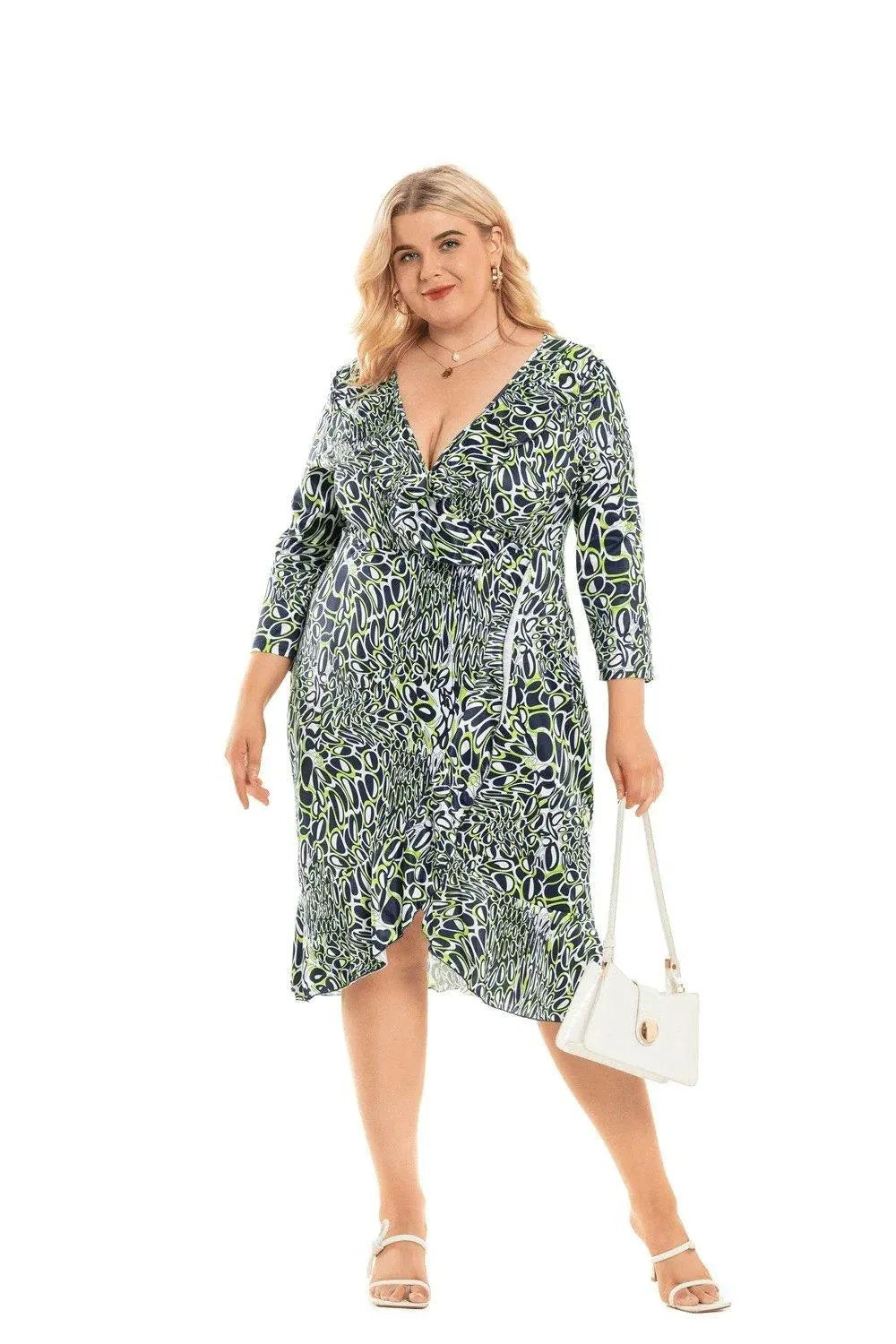 Deep V Asymmetrical Ruffled-Edge Print Dress