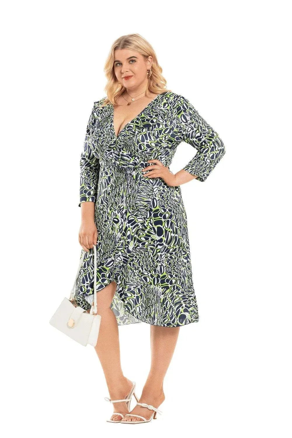 Deep V Asymmetrical Ruffled-Edge Print Dress