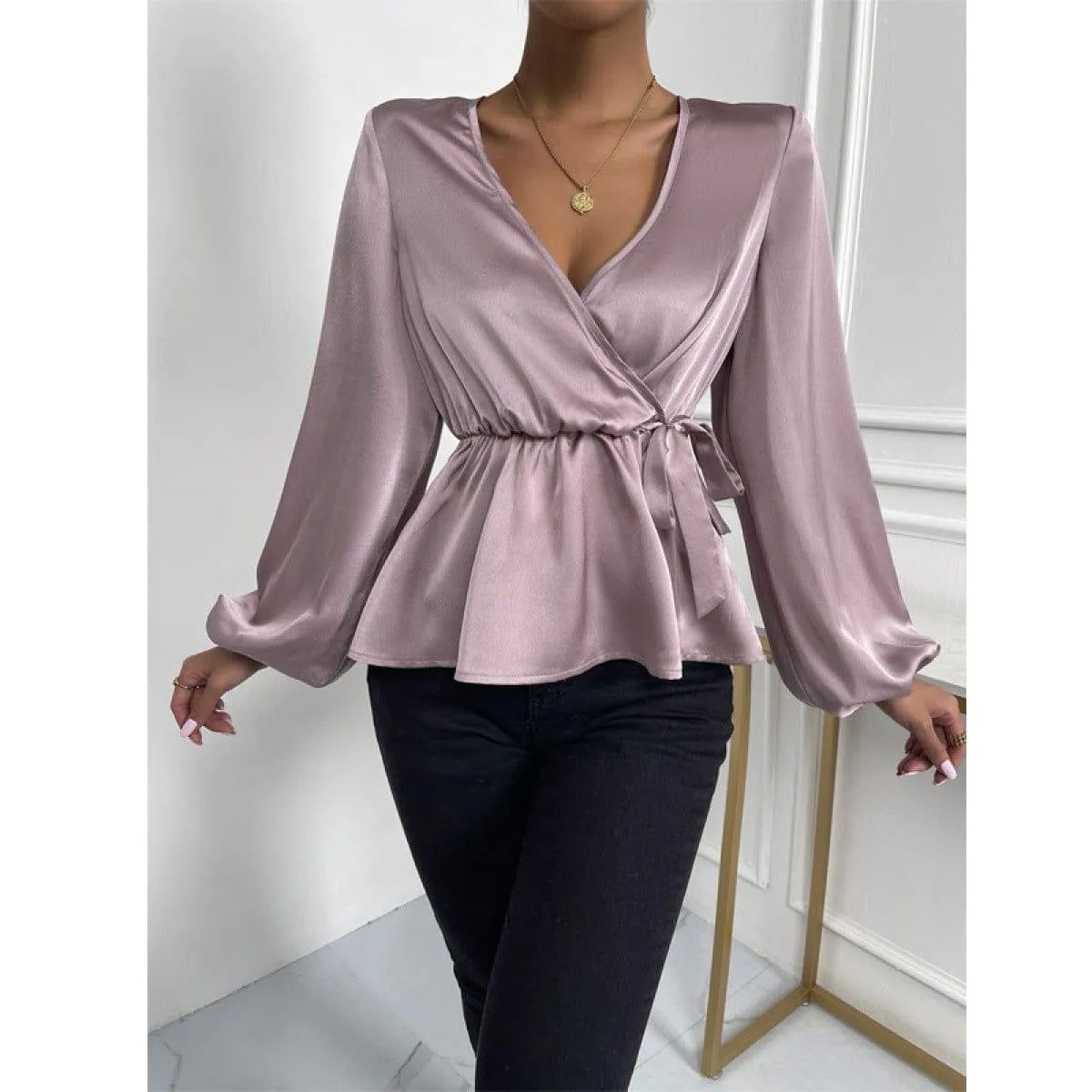 Deep V Lantern Sleeve Tie Front Ruffle Blouse Light Purple Jewelry Bubble