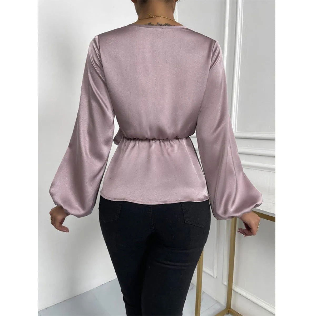 Deep V Lantern Sleeve Tie Front Ruffle Blouse Light Purple Jewelry Bubble