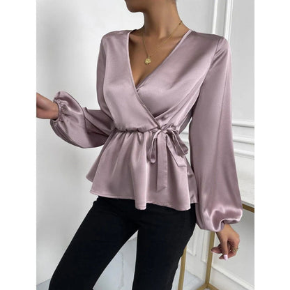 Deep V Lantern Sleeve Tie Front Ruffle Blouse Light Purple Jewelry Bubble