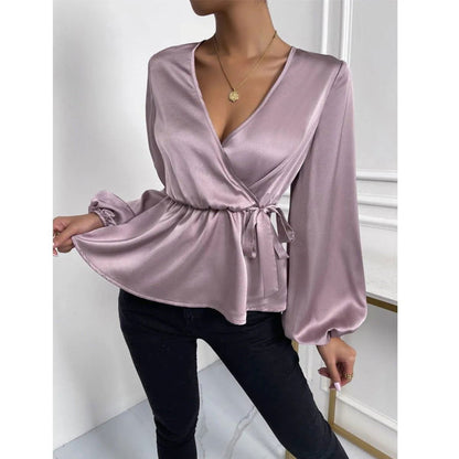 Deep V Lantern Sleeve Tie Front Ruffle Blouse Light Purple Jewelry Bubble