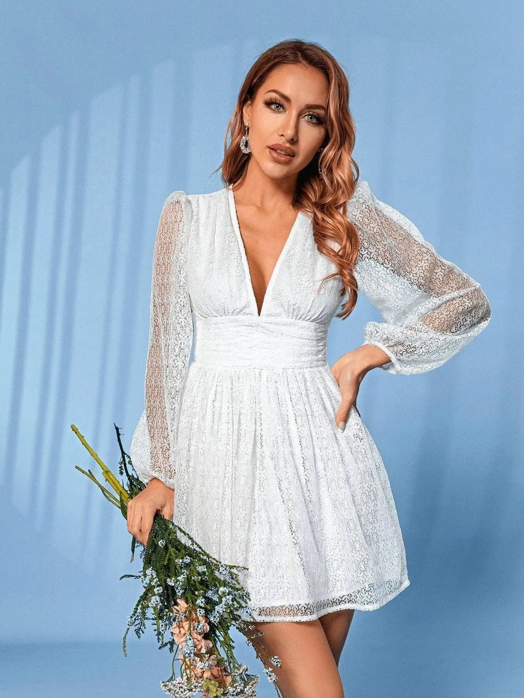 Deep V Neck Lantern Sleeve Lace Dress