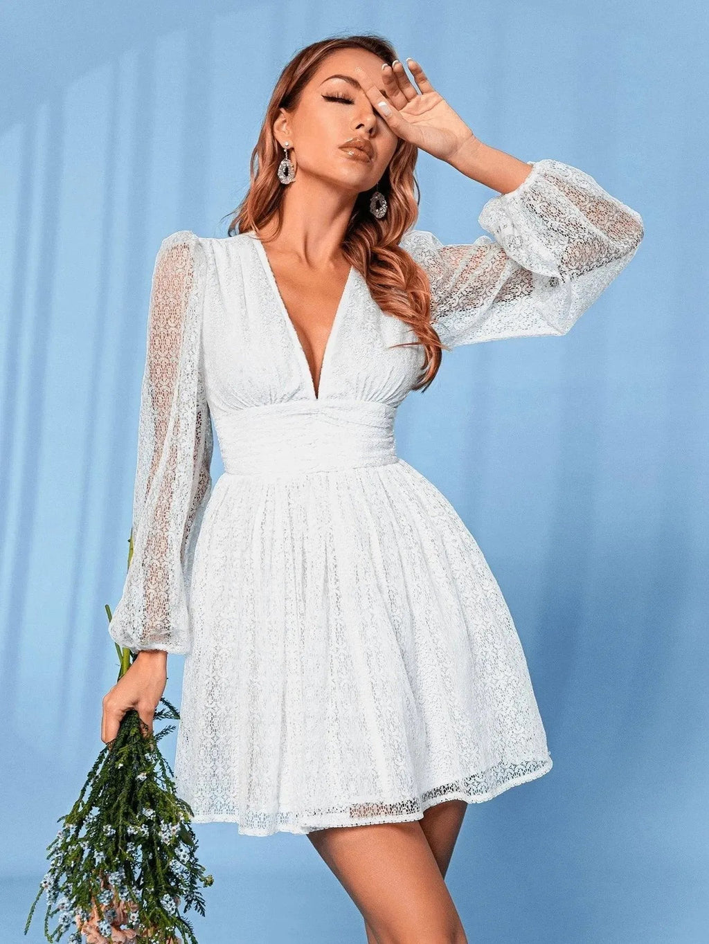 Deep V Neck Lantern Sleeve Lace Dress