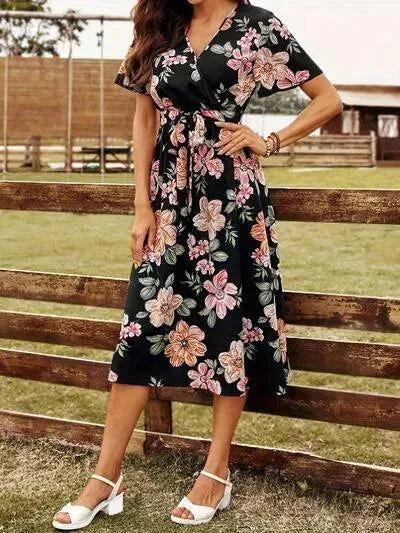 Discover the Charm: Black Surplice Dress with a Floral Print