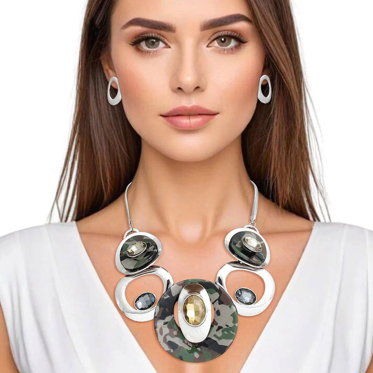 Discover the Stunning Silver Camouflage Circular Bib Necklace for Women Jewelry Bubble