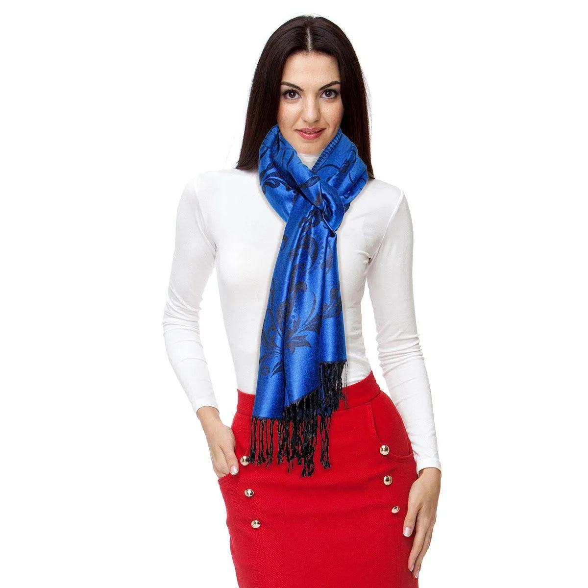 Discover the elegance: Experience the timeless charm of the Pashmina Blue Flower Fringe Scarf for Women today! Jewelry Bubble