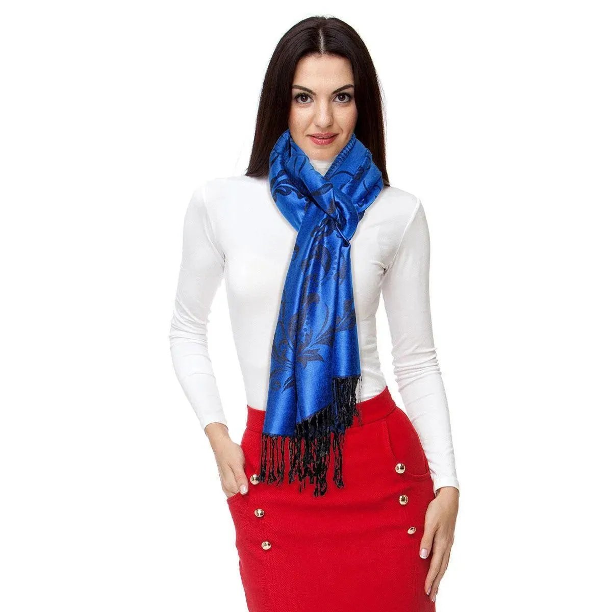 Discover the elegance: Experience the timeless charm of the Pashmina Blue Flower Fringe Scarf for Women today!