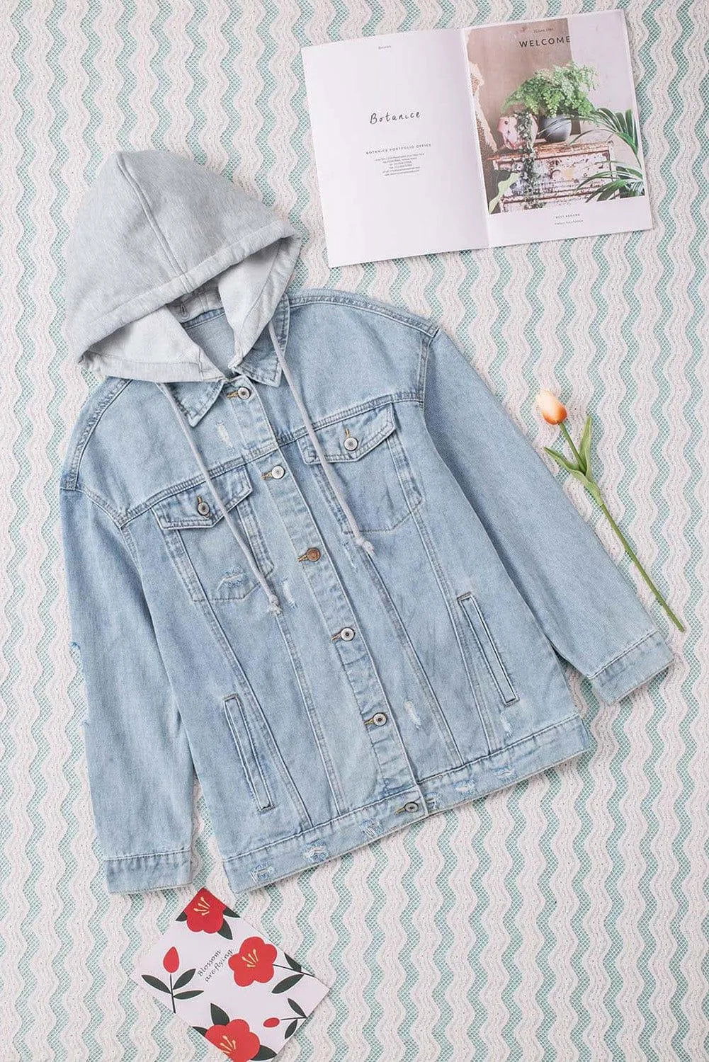 Distressed Hooded Denim Jacket Jewelry Bubble