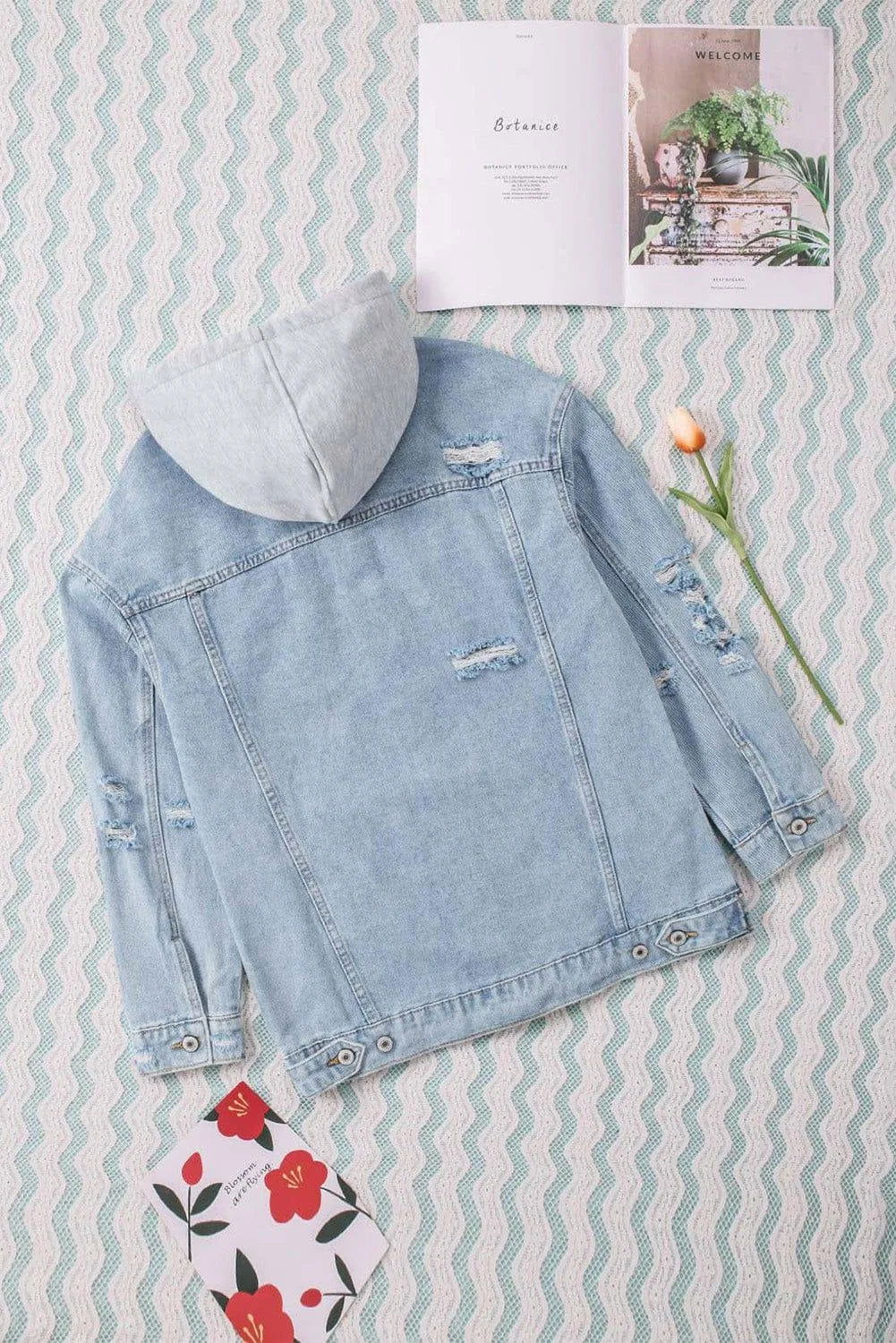 Distressed Hooded Denim Jacket Jewelry Bubble