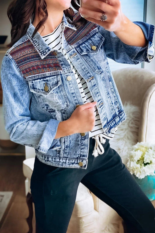 Distressed Tribal Patch Denim Jacket Jewelry Bubble