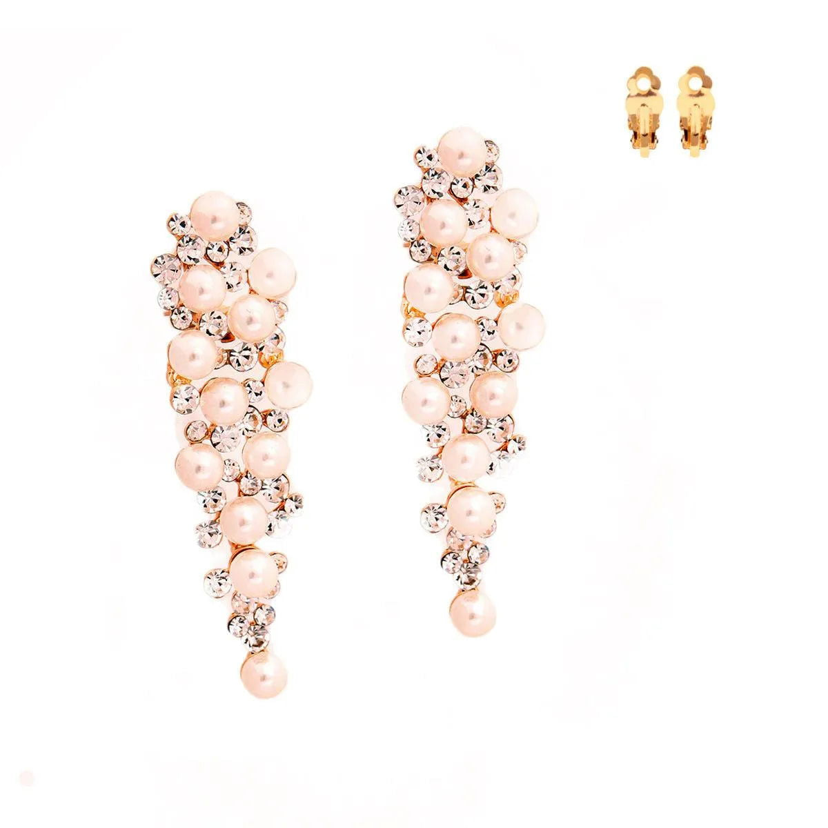 Dramatic Gold Drop Earrings with Rhinestones and Creamy Pearl Beads | Fashion Jewelry Jewelry Bubble