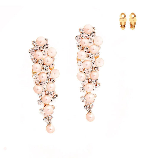 Dramatic Gold Drop Earrings with Rhinestones and Creamy Pearl Beads | Fashion Jewelry Pinktown