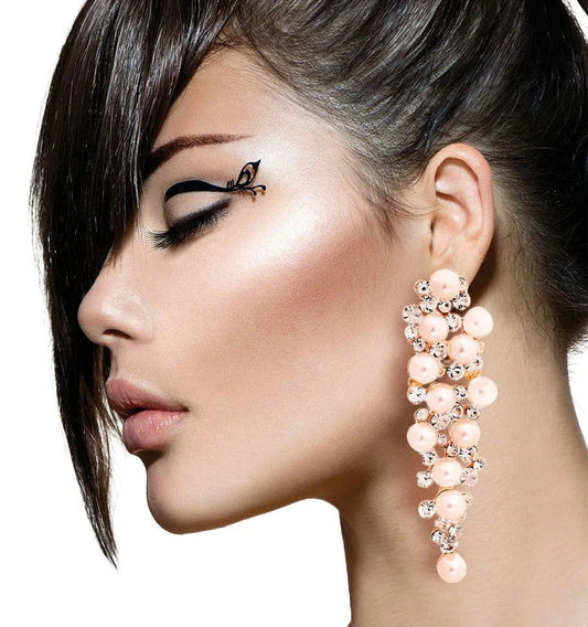 Dramatic Gold Drop Earrings with Rhinestones and Creamy Pearl Beads | Fashion Jewelry Pinktown