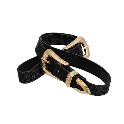 Dress in Style: Black Rhinestones Gold Double Buckle Ladies Belt Jewelry Bubble