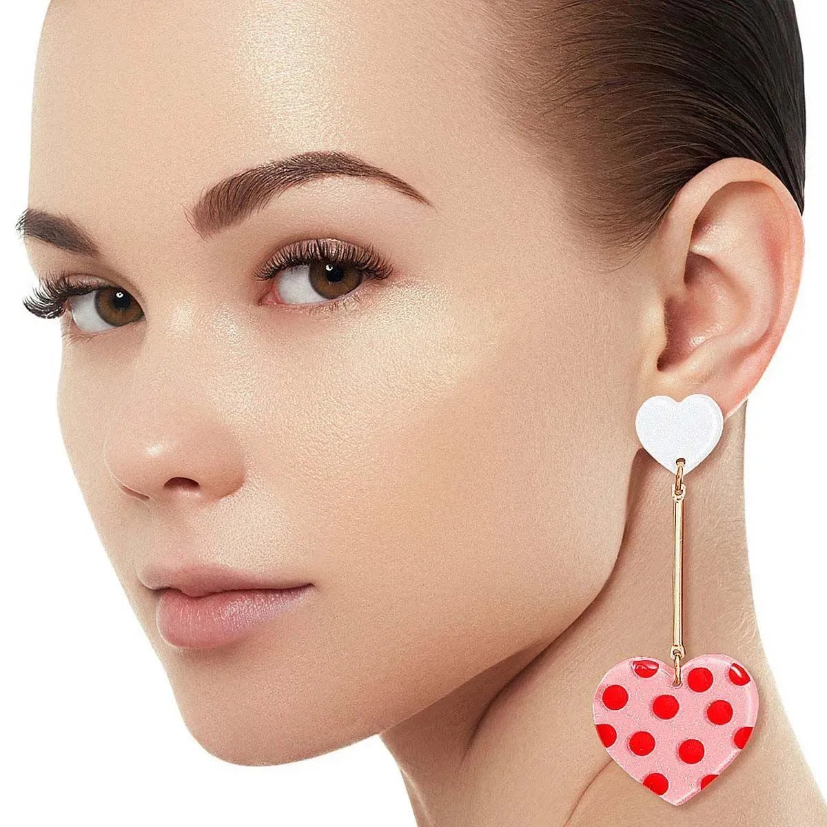 Jewelry Bubble Pink Heart Red Polka Dot Drop Earrings with Gold Bar – Lightweight Statement