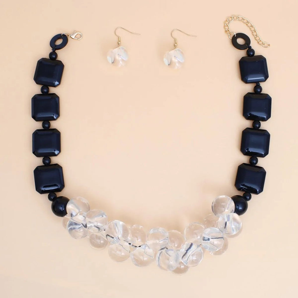 Elegance Meets Edge: Black & Clear Bubble Bead Necklace Set