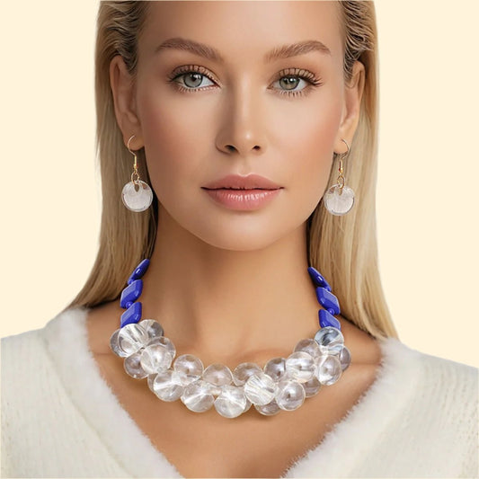 Elegance Meets Edge: Blue & Clear Bubble Bead Necklace Set Jewelry Bubble