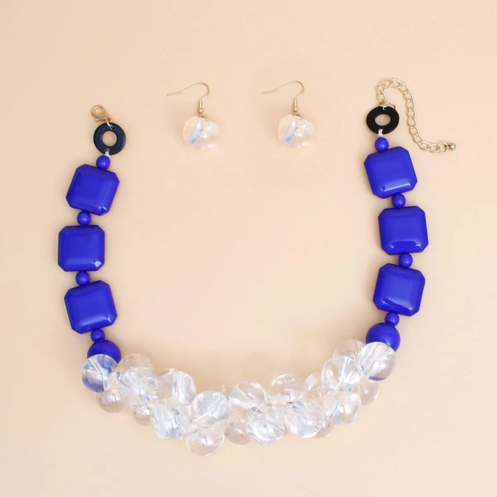 Elegance Meets Edge: Blue & Clear Bubble Bead Necklace Set