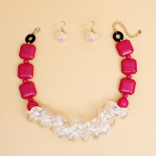 Elegance Meets Edge: Fuchsia & Clear Bubble Bead Necklace Set Pinktown
