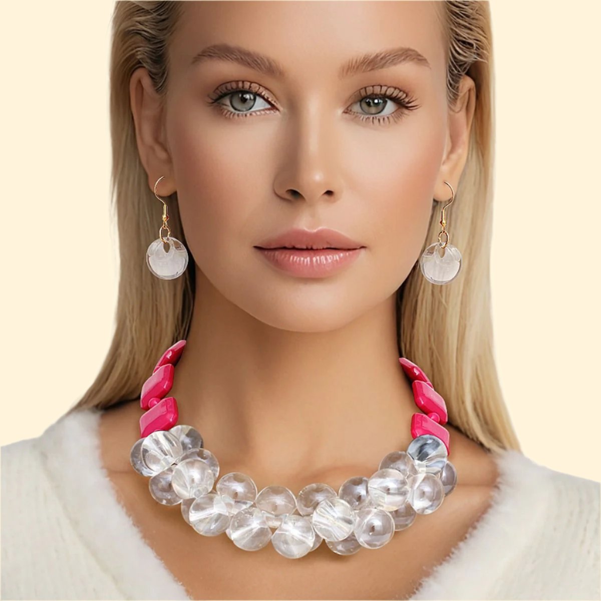 Elegance Meets Edge: Fuchsia & Clear Bubble Bead Necklace Set Jewelry Bubble