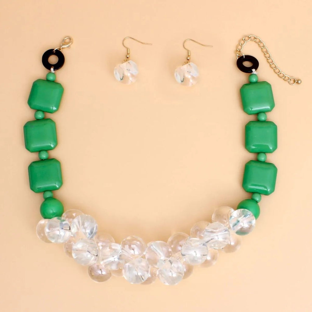 Elegance Meets Edge: Green & Clear Bubble Bead Necklace Set