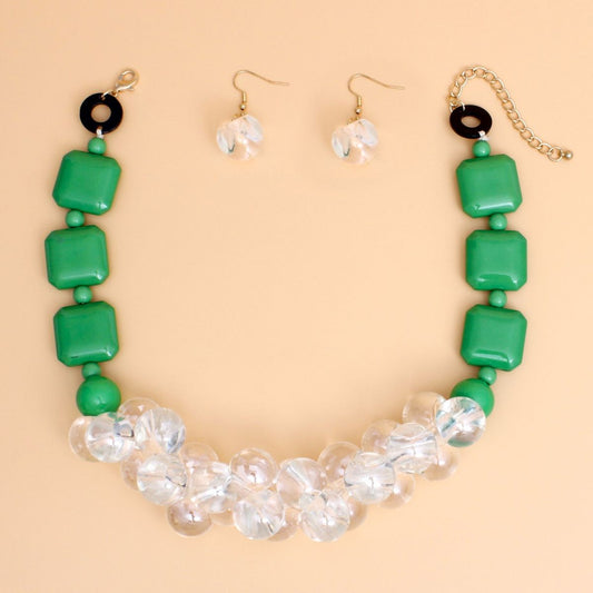 Elegance Meets Edge: Green & Clear Bubble Bead Necklace Set Pinktown
