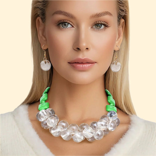 Elegance Meets Edge: Green & Clear Bubble Bead Necklace Set Jewelry Bubble