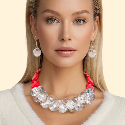 Elegance Meets Edge: Red & Clear Bubble Bead Necklace Set Jewelry Bubble