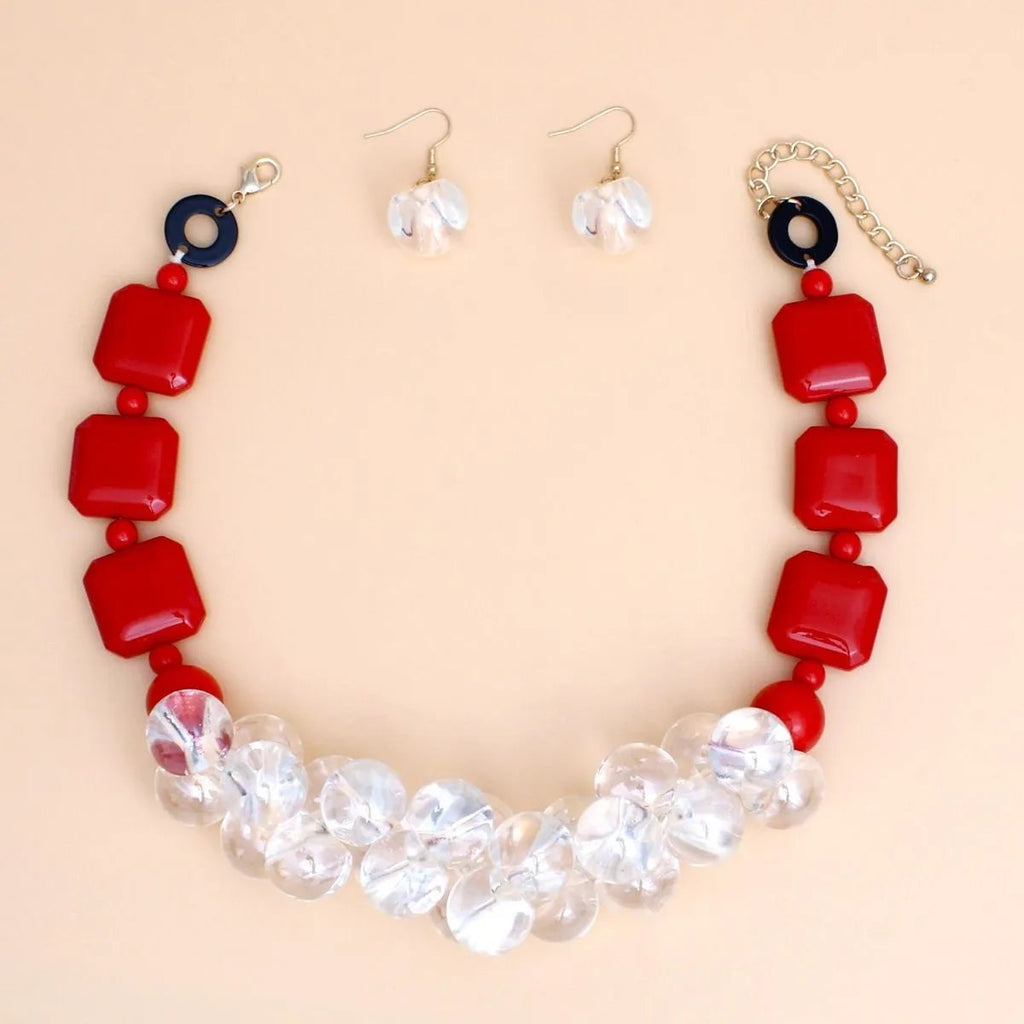 Elegance Meets Edge: Red & Clear Bubble Bead Necklace Set
