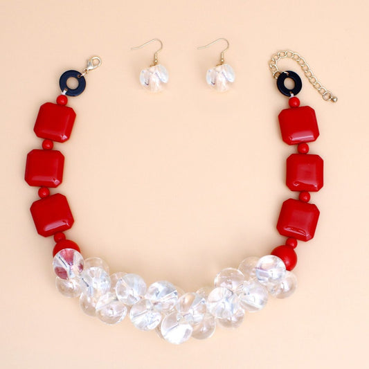 Elegance Meets Edge: Red & Clear Bubble Bead Necklace Set Pinktown